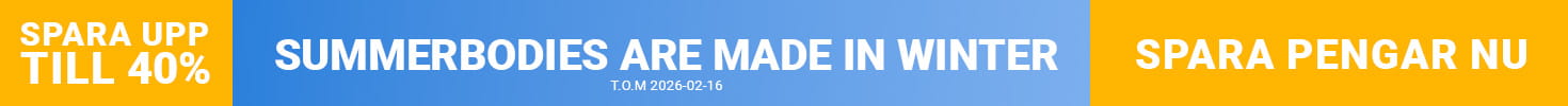 Annonsbannern visar en person i träningskläder på ett löpband i ett mysigt vardagsrum på höger sida, och till vänster står det med stora bokstäver: Sommarkroppen skapas på vintern. Upp till 40 % rabatt på toppklassig träningsutrustning. Spara nu. Erbjudandet gäller till och med den 16 februari 2026.